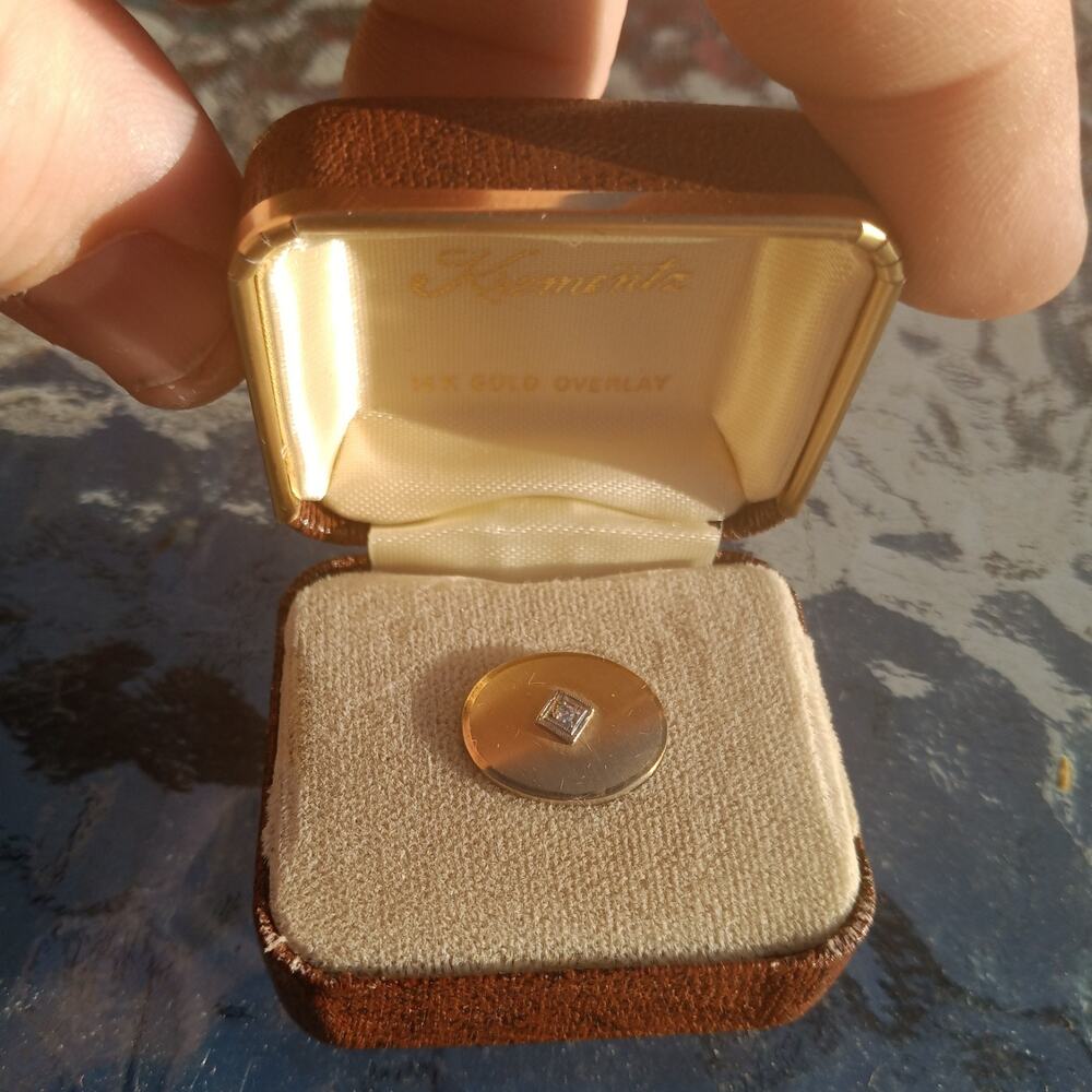 Vintage Krementz 14k Gold Plated Tie Tack With Diamond Chip & Original Box